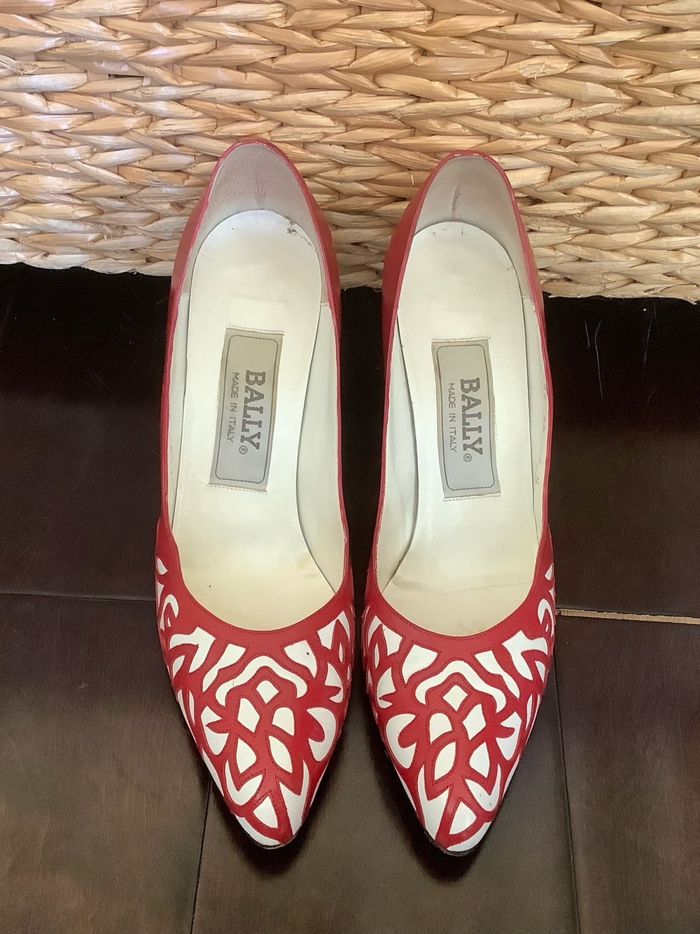Bally Red and White Laser-Cut Pointed Toe Pumps - Picture 1 of 7